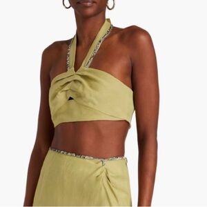 Sandro Sage Green Crystal Halter Crop Top Linen Medium Size 3